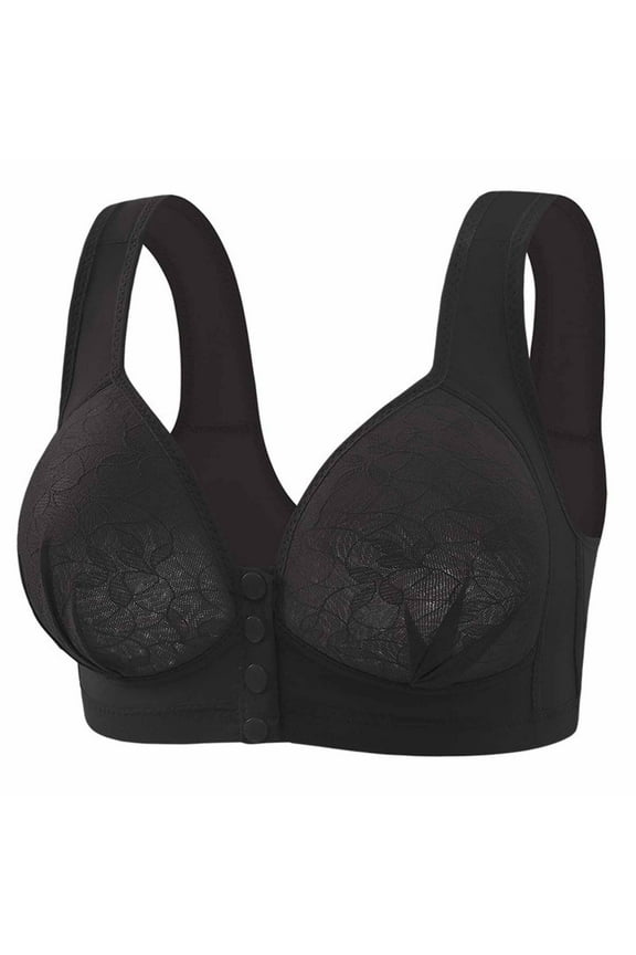 Plus Size Underwire Bras for Older Women Front Snap Button Closure Breathable Support Lace Embroidered Everyday Bras 36-46 with Wide Straps