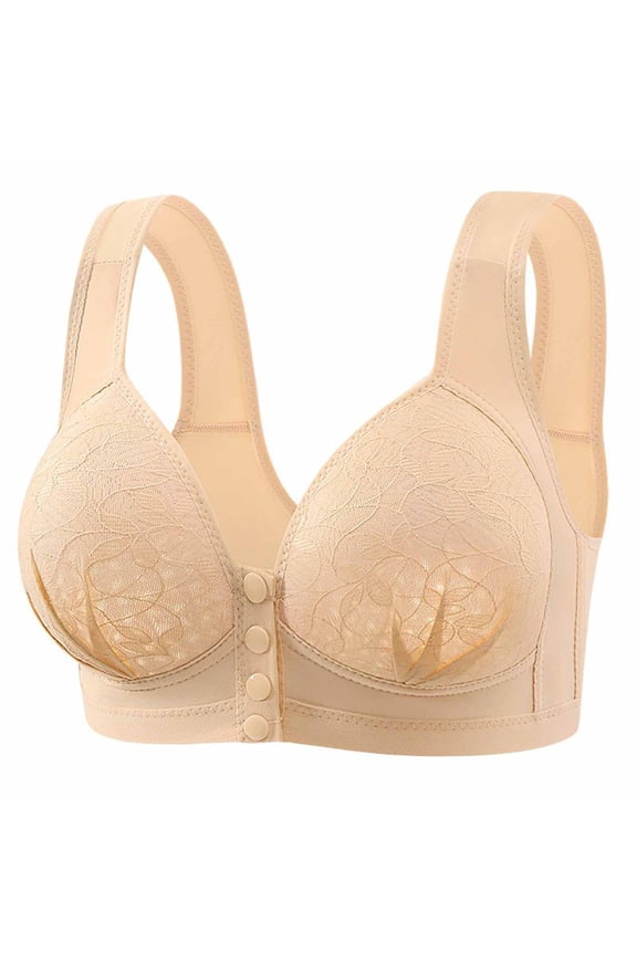 Plus Size Underwire Bras for Older Women Front Snap Button Closure Breathable Support Lace Embroidered Everyday Bras 36-46 with Wide Straps