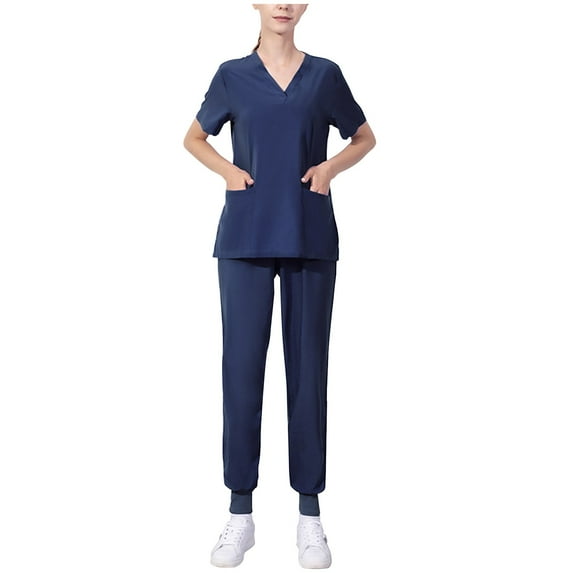 Plus Size Uniforms, Women's Scrub Sets, Ladies Cool Stretch V-Neck Tops and Cargo Leg Pant Scrub Set, Nurse Two Piece Workwear Suit with Pockets Linen Sets for Women Navy 3XL