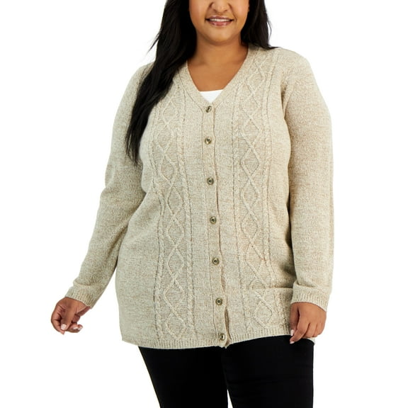 Plus Size V-Neck Cable-Knit Cardigan Beige Marl 2X