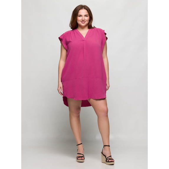 Plus Size V Neck Cap Sleeve Pocket Mini Dress
