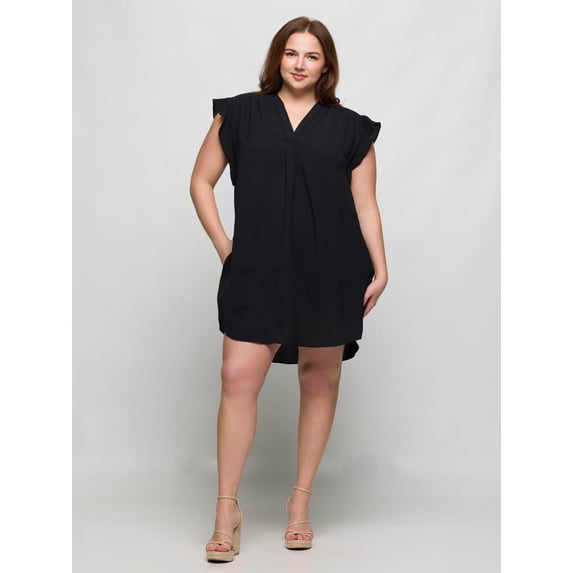 Plus Size V Neck Cap Sleeve Pocket Mini Dress