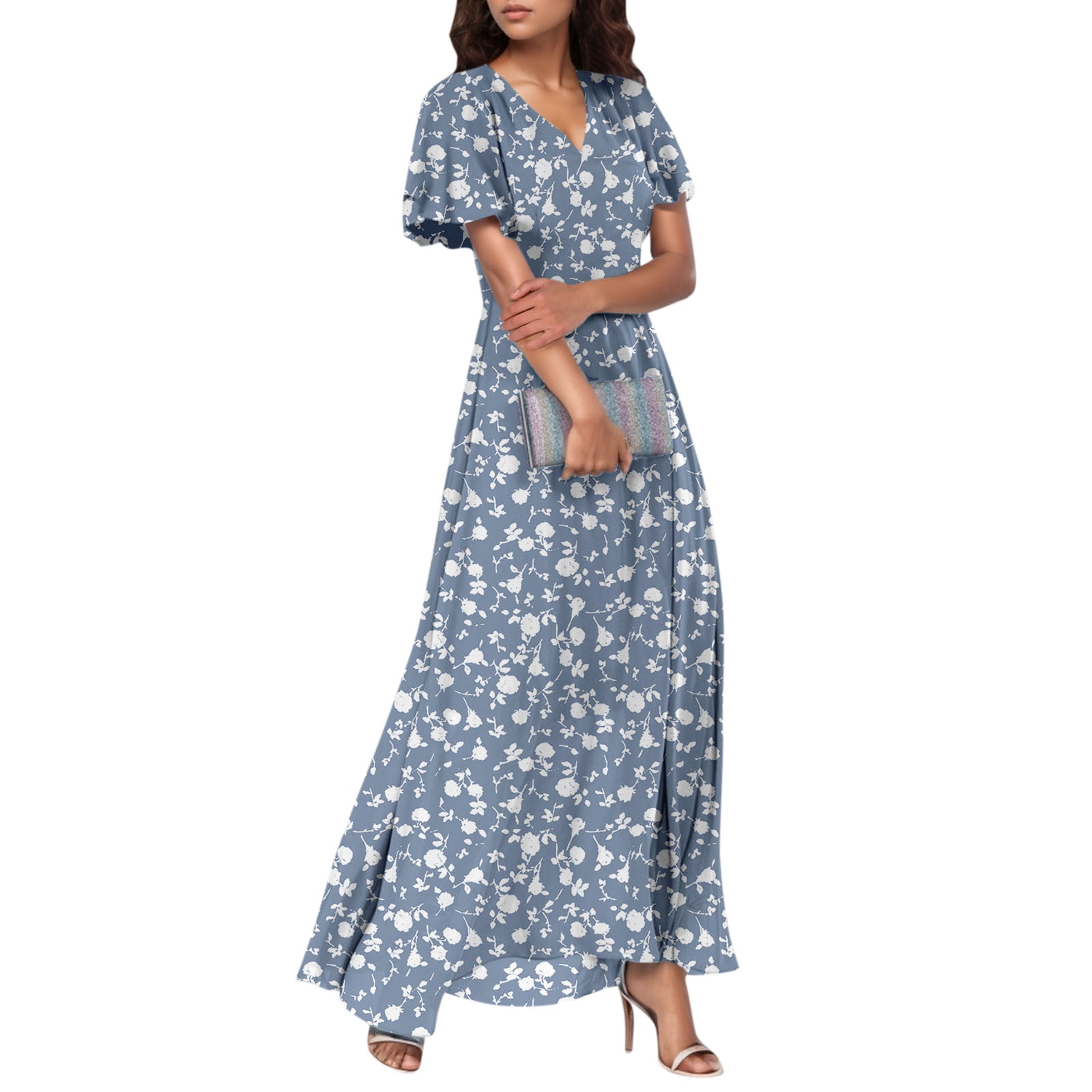 Sukleet Lilac Bridesmaid Dress - Long A-Line Chiffon Gown With V-Neck, Flutter Sleeves & Pockets, Size 14
