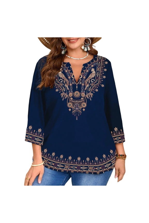 Plus Size V Neck Ethnic Style Printed Three Quarter Sleeve Shirt Top for Women Loose Fit Comfortable Blouse Tunic
