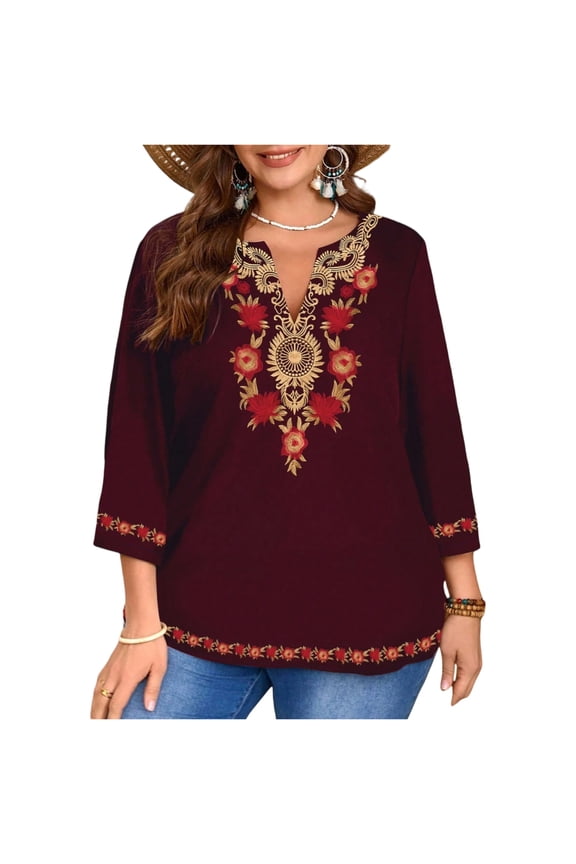 Plus Size V Neck Ethnic Style Printed Three Quarter Sleeve Shirt Top for Women Loose Fit Comfortable Blouse Tunic