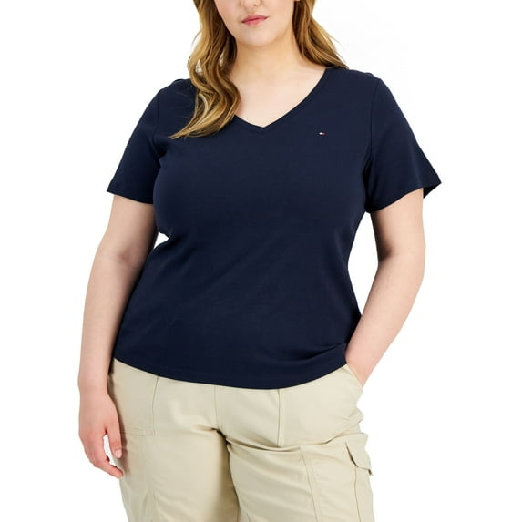 Plus Size V-Neck Flag T-Shirt Navy 1X