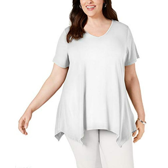 Plus Size V-Neck Handkerchief-Hem Top Bright White 2X