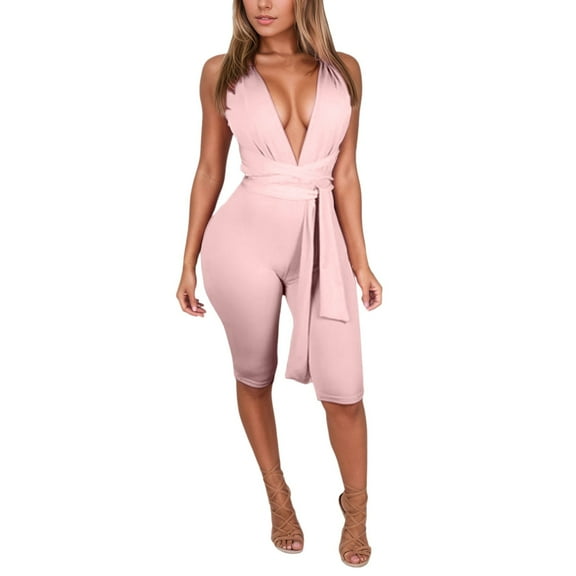 Plus Size V Neck Jumpsuit with Waist Tie - Polyester Fabric, Flattering Fit, Spring/Summer, Hand Wash, Casual to Semi-Formal Occasions