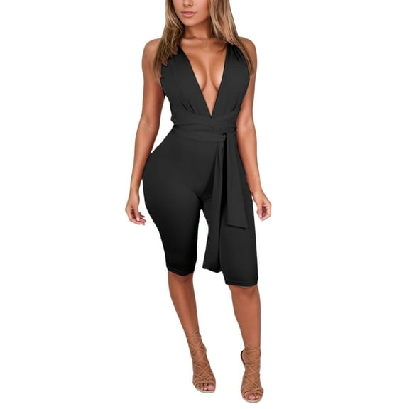 Plus Size V Neck Jumpsuit with Waist Tie - Polyester Fabric, Flattering Fit, Spring/Summer, Hand Wash, Casual to Semi-Formal Occasions