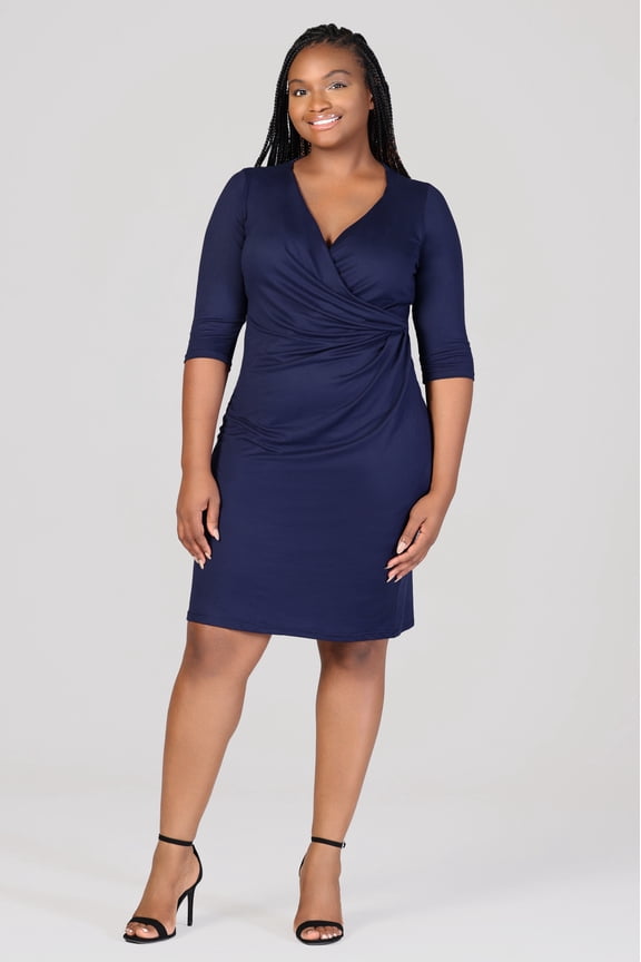 Plus Size V Neck Knee Length Faux Wrap Dress