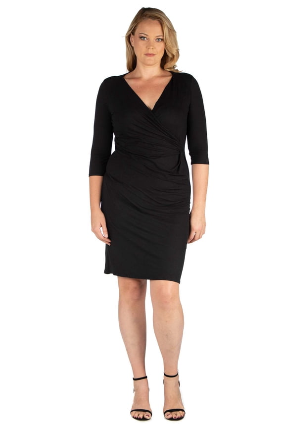 Plus Size V Neck Knee Length Faux Wrap Dress