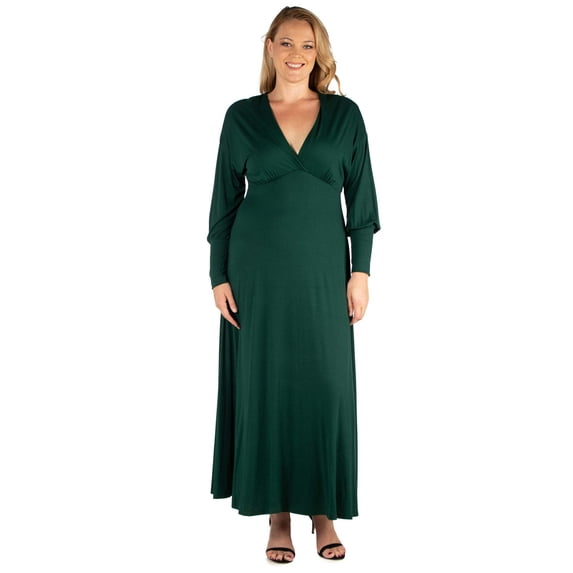 Plus Size V Neck Long Sleeve A Line Maxi Dress