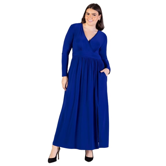 Plus Size V Neck Long Sleeve Side Slit Maxi Dress