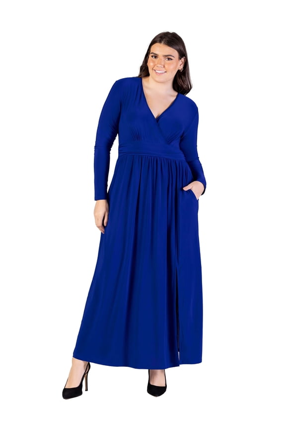 Plus Size V Neck Long Sleeve Side Slit Maxi Dress