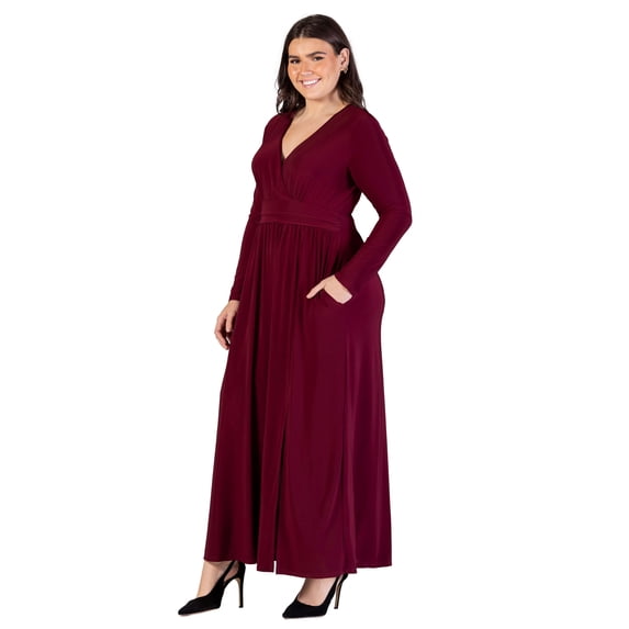 Plus Size V Neck Long Sleeve Side Slit Maxi Dress