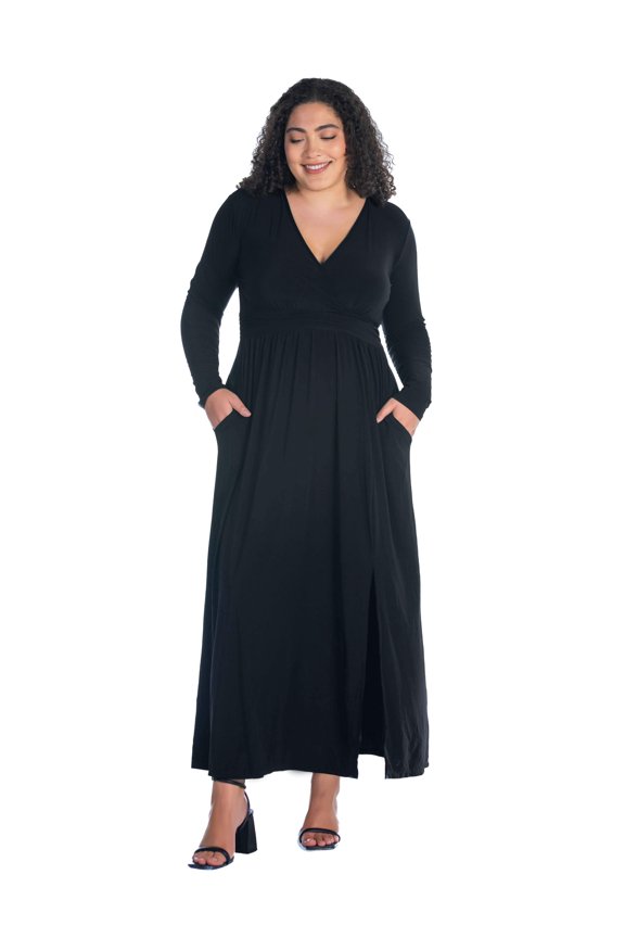 Plus Size V Neck Long Sleeve Side Slit Maxi Dress