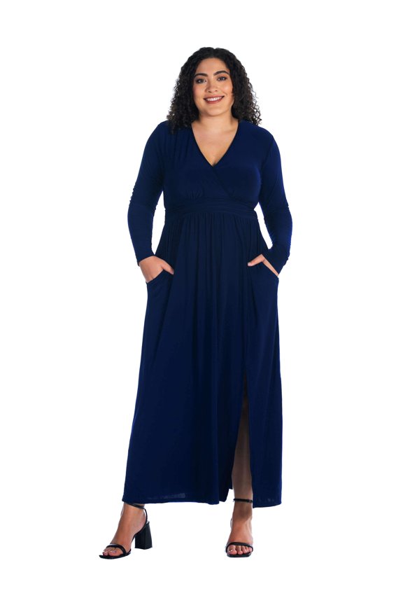 Plus Size V Neck Long Sleeve Side Slit Maxi Dress