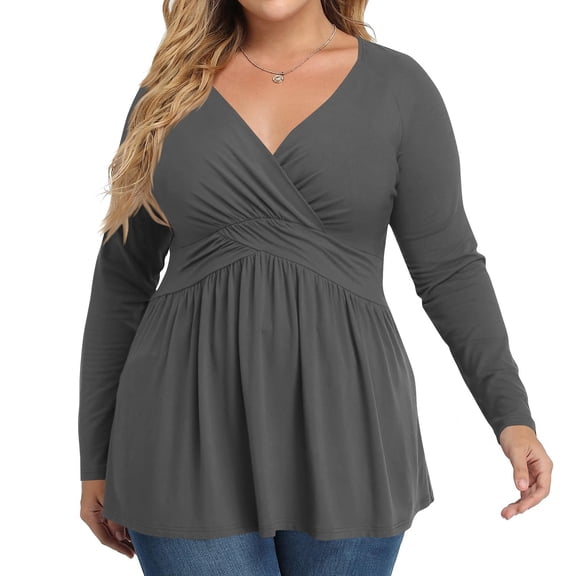 Plus Size V Neck Long Sleeve Tops for Women Solid Color Casual Pleated T-shirt Spring Autumn Lightweight Blouse,Female Plus Size Slim Fit Pullover Tops,L-5XL