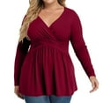 thumbnail image 1 of Plus Size V Neck Long Sleeve Tops for Women Solid Color Casual Pleated T-shirt Spring Autumn Lightweight Blouse,Female Plus Size Slim Fit Pullover Tops,L-5XL, 1 of 5