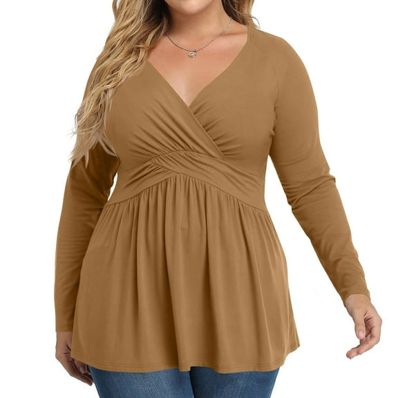 Plus Size V Neck Long Sleeve Tops for Women Solid Color Casual Pleated T-shirt Spring Autumn Lightweight Blouse,Female Plus Size Slim Fit Pullover Tops,L-5XL