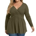 thumbnail image 1 of Plus Size V Neck Long Sleeve Tops for Women Solid Color Casual Pleated T-shirt Spring Autumn Lightweight Blouse,Female Plus Size Slim Fit Pullover Tops,L-5XL, 1 of 5