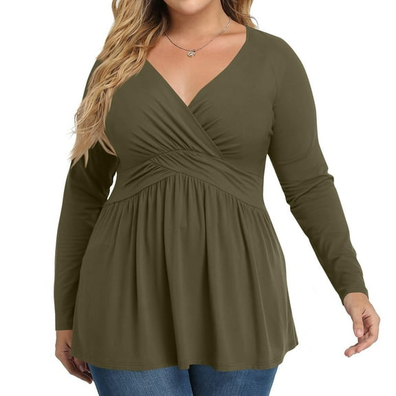 Plus Size V Neck Long Sleeve Tops for Women Solid Color Casual Pleated T-shirt Spring Autumn Lightweight Blouse,Female Plus Size Slim Fit Pullover Tops,L-5XL