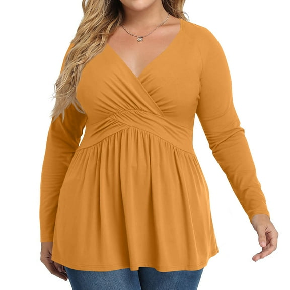 Plus Size V Neck Long Sleeve Tops for Women Solid Color Casual Pleated T-shirt Spring Autumn Lightweight Blouse,Female Plus Size Slim Fit Pullover Tops,L-5XL