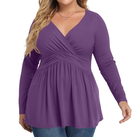 Plus Size V Neck Long Sleeve Tops for Women Solid Color Casual Pleated T-shirt Spring Autumn Lightweight Blouse,Female Plus Size Slim Fit Pullover Tops,L-5XL