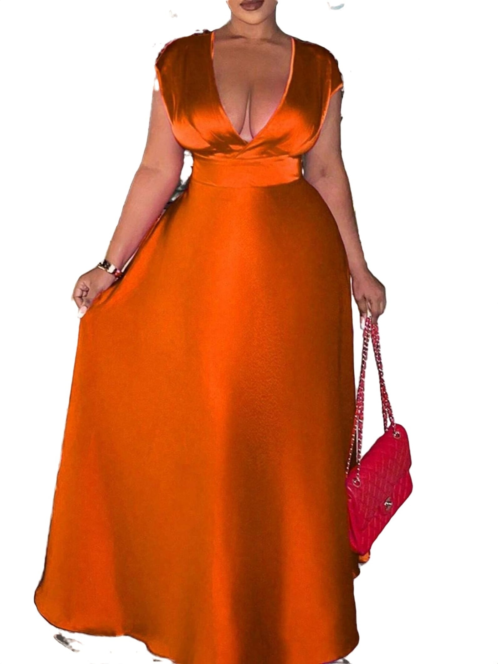 Plus Size V Neck Pleated Dress Burnt Orange Satin - Walmart.com
