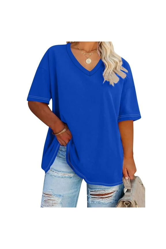 Plus Size V Neck Short Cotton Sleeve Tops for Women Casual Basic Tees Ladies Oversized Solid Color T Shirts Loose Fit Summer Clothes 2025 Trendy Fashion Outfits
