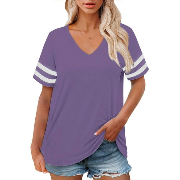Plus Size V-Neck Short Sleeve Shirt, Casual Summer Top, Plus Size V Neck T Shirts Women Short Sleeve Tops Casual Summer Tshirts Loose Fit Tee Purple, 4Xl