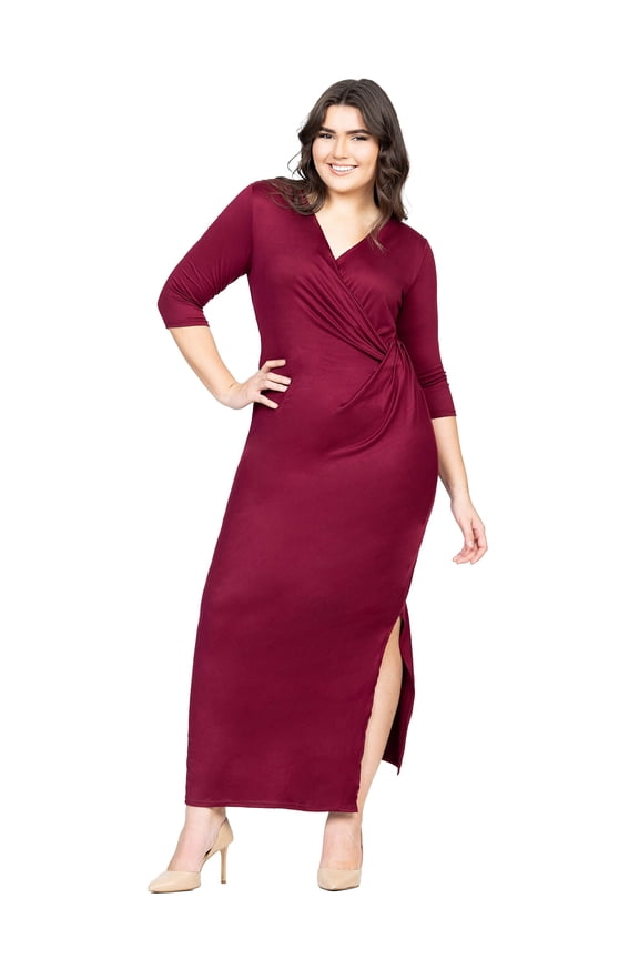 Plus Size V Neck Side Slit Fitted Maxi Dress