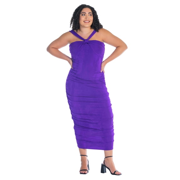 Plus Size V Neck Strap Ruched Bodycon Midi Dress