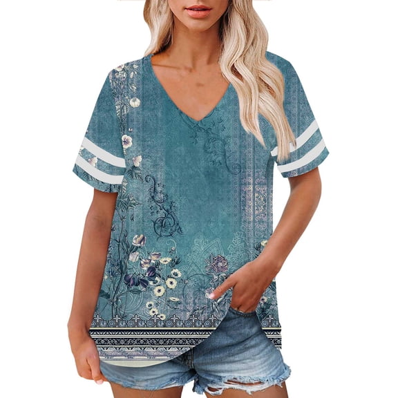 Plus Size V-Neck T-Shirt, Short Sleeve Casual Summer Top, Loose Fit Tee,, Plus Size V Neck T Shirts Women Short Sleeve Tops Casual Summer Tshirts Loose Fit Tee Sky Blue, 5Xl