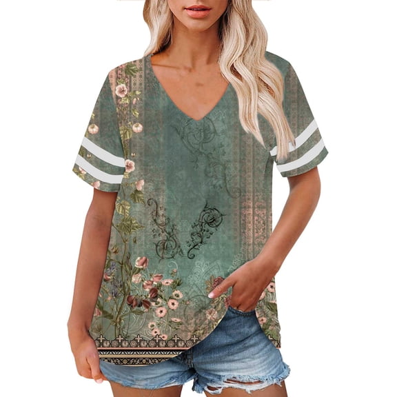 Plus Size V-Neck T-Shirt, Short Sleeve Casual Summer Top, Loose Fit Tee,, Plus Size V Neck T Shirts Women Short Sleeve Tops Casual Summer Tshirts Loose Fit Tee Green, L