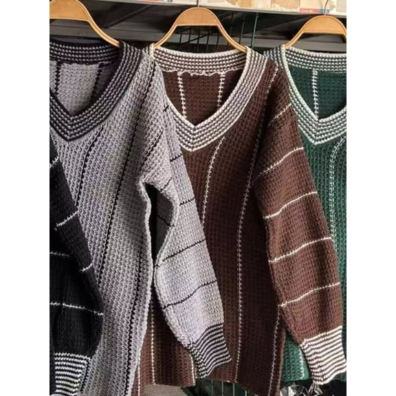 Plus Size V-Neck Textured Knit Sweater – Full Size Ribbed Soft Polyester Knit