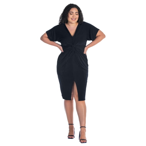 24seven Comfort Apparel Plus Size Short Sleeve V Neck Twist Front Split Hem Dress