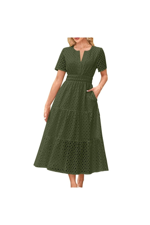 Solid Eyelet Dress for Women,Women's Casual Printed Pleated Elastic Waist Short Sleeve V-Neck Dress,Women's Summer Cotton Eyelet Dress V-Neck Collared Midi Tunic Dress.