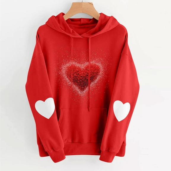 Plus Size Valentine's Day Heart Print Hooded Sweatshirt Long Sleeve Cozy Casual Top