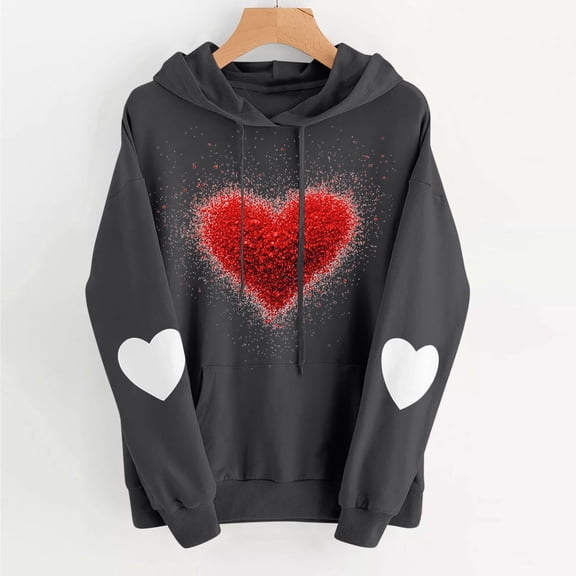 Plus Size Valentine's Day Heart Print Hooded Sweatshirt Long Sleeve Cozy Casual Top