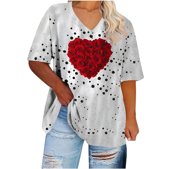 Plus Size Valentines Day Tshirt Womens Short Sleeve Heart Graphic Tees Casual Summer Spring Going Out Valentine Tops, 3XL Gray