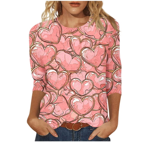 Plus Size Valentines Shirts for Women Love Hearts Printed Cute 3/4 Sleeve Holiday Tops Graphic Basic Tee Tshirts (3XL, Pink #B)
