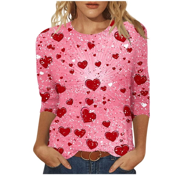 Plus Size Valentines Shirts for Women Love Hearts Printed Cute 3/4 Sleeve Holiday Tops Graphic Basic Tee Tshirts (3XL, Pink)