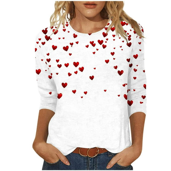 Plus Size Valentines Shirts for Women Love Hearts Printed Cute 3/4 Sleeve Holiday Tops Graphic Basic Tee Tshirts (XL, White B)