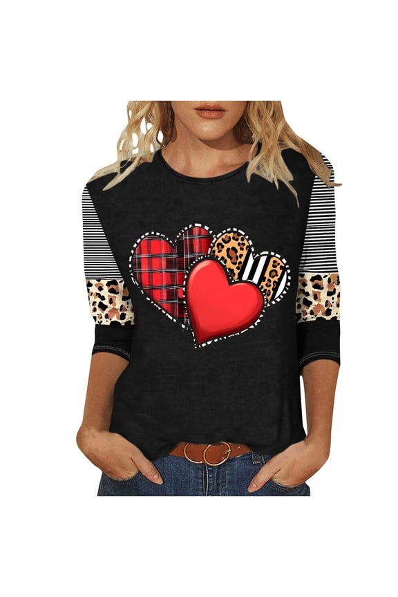 Plus Size Valentines Tops for Womens Cute Going Out Tee Plaid Leopard Heart 3/4 Sleeve Shirt Blouse