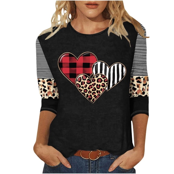 Plus Size Valentines Tops for Womens Cute Going Out Tee Plaid Leopard Heart 3/4 Sleeve Shirt Blouse