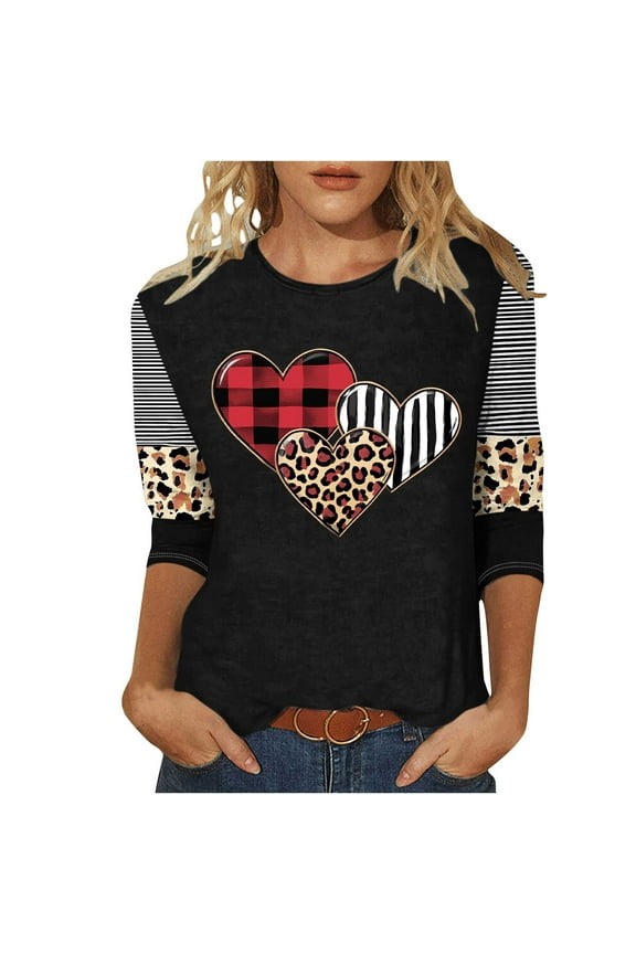 Plus Size Valentines Tops for Womens Cute Going Out Tee Plaid Leopard Heart 3/4 Sleeve Shirt Blouse