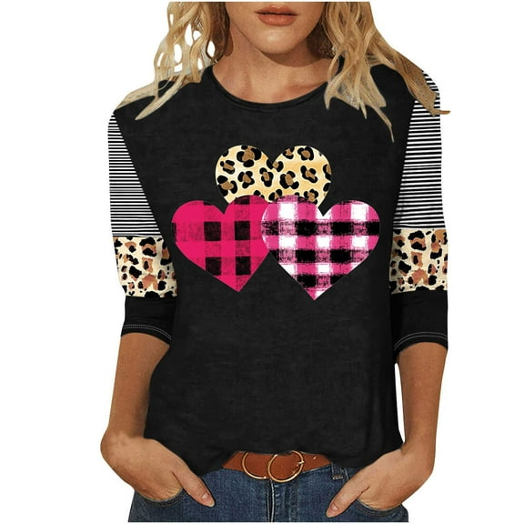 Plus Size Valentines Tops for Womens Cute Going Out Tee Plaid Leopard Heart 3/4 Sleeve Shirt Blouse