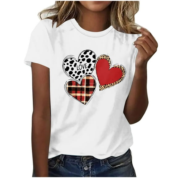 Plus Size Valentines Tshirts for Women Leopard Love Heart Print T Shirts Short Sleeve Crewneck Tops