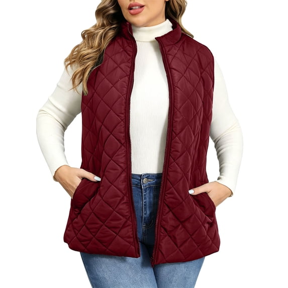 Plus Size Vest for Women Baeitkot Lightweight Quilted Zip Front Sleeveless Jacket with Pockets Casual Streetwear Wine XXL